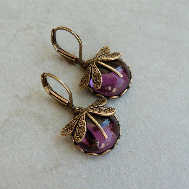 Boucles d'Oreilles Libellule avec Cristal en Or Antique