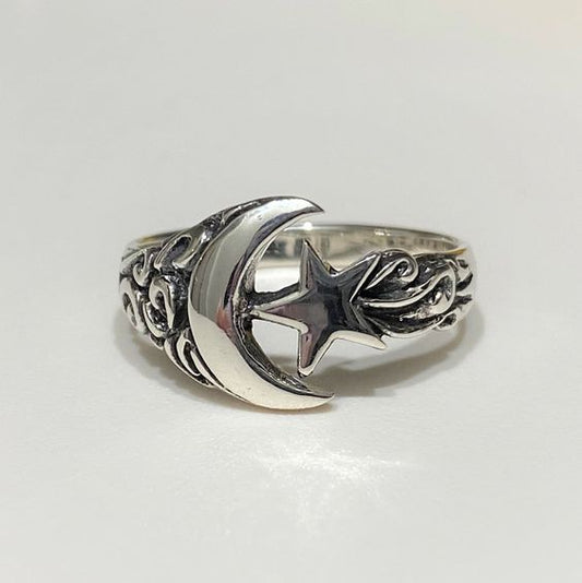 Bague vintage étoile et lune en argent sterling