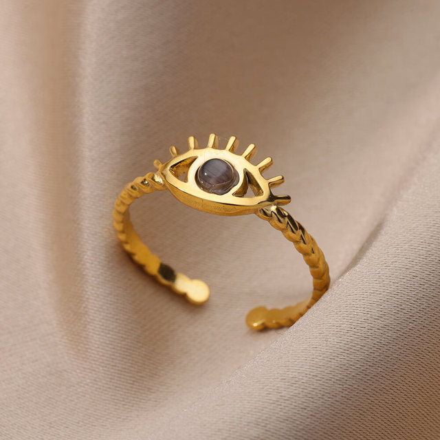 Bague Oeil en Pierre Noire Dorée