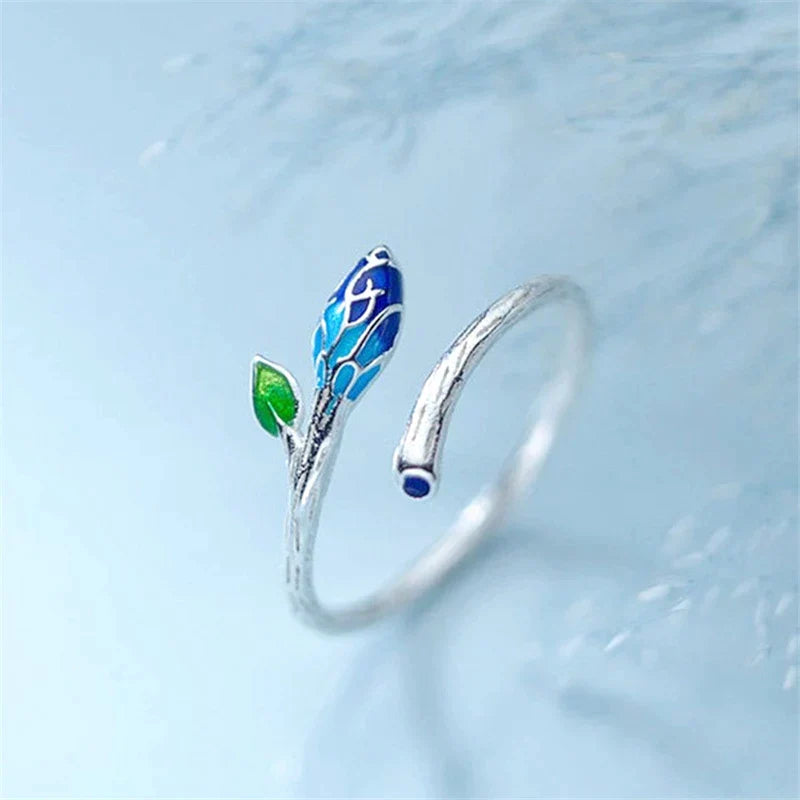 Bague Ajustable en Argent avec Fleur Bleue