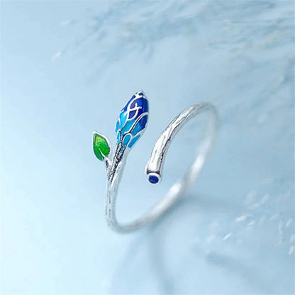Bague Ajustable en Argent avec Fleur Bleue