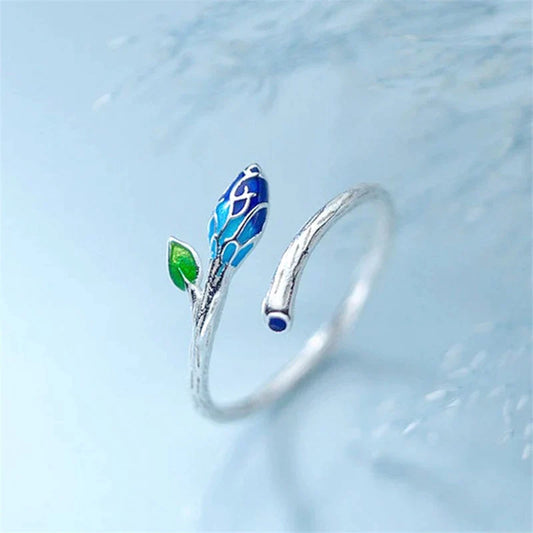 Bague Ajustable en Argent avec Fleur Bleue