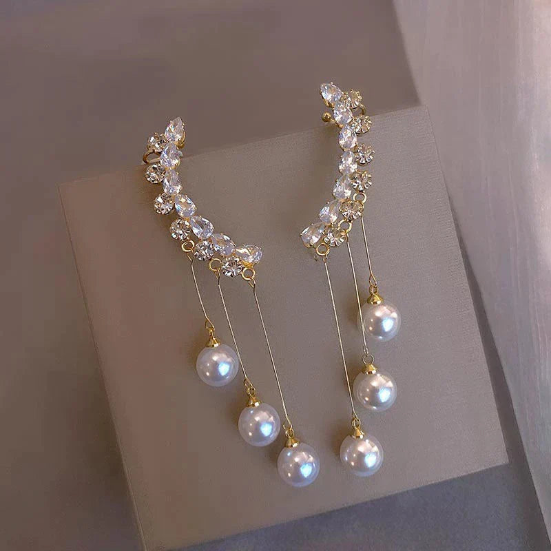 Boucles d'Oreilles Pendantes en Or avec Zircon et Perle