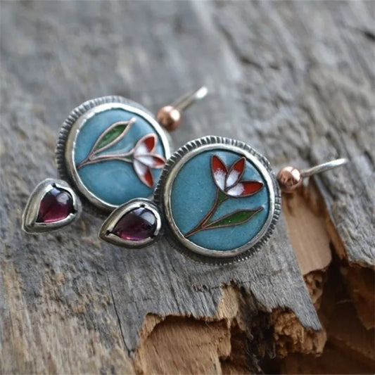 Boucles d'oreilles vintage en émail bleu et cristal rouge