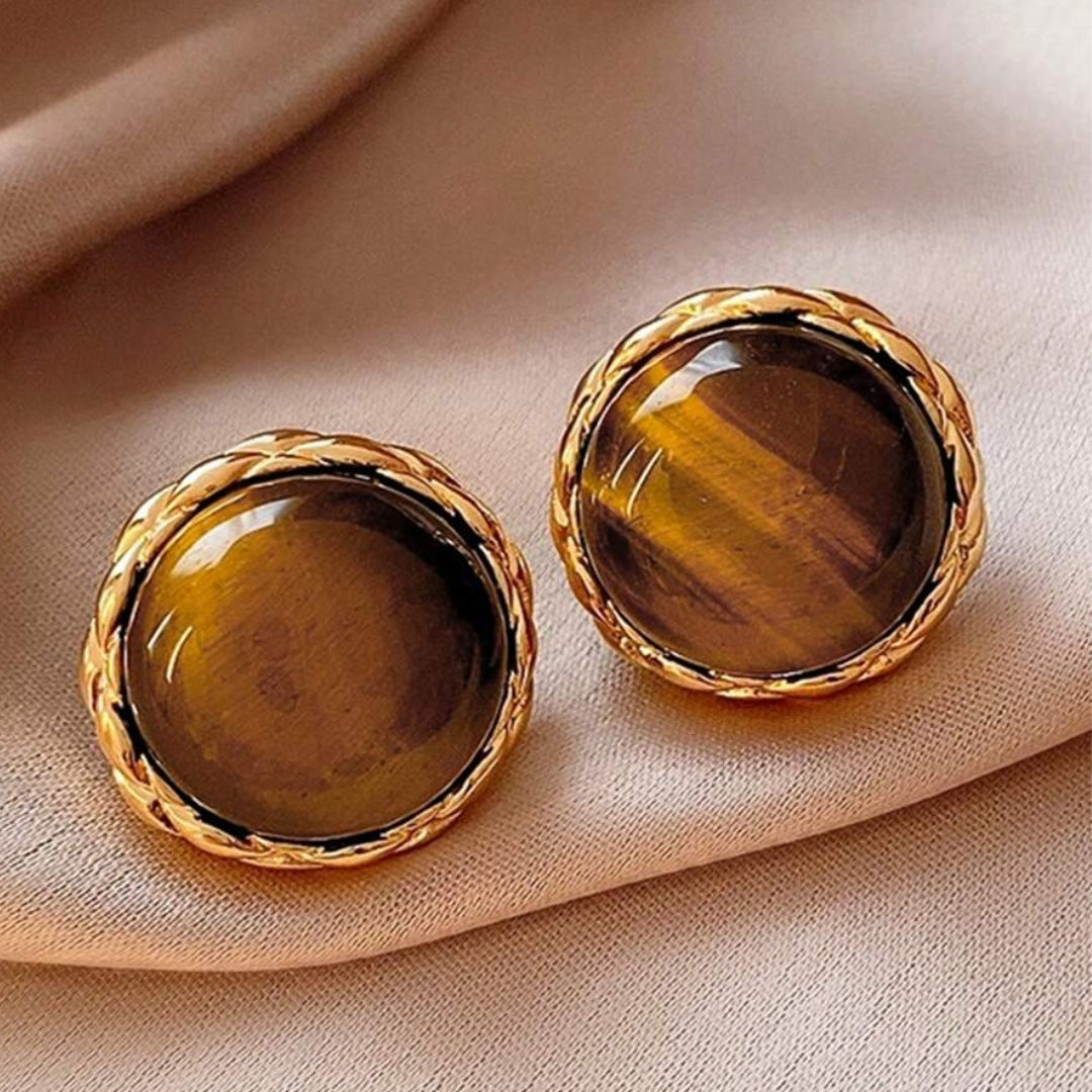 Boucles d'oreilles vintage brunes et rondes en or
