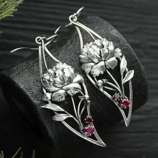 Boucles d'Oreilles Boho Floral avec Zircon Rouge en Argent