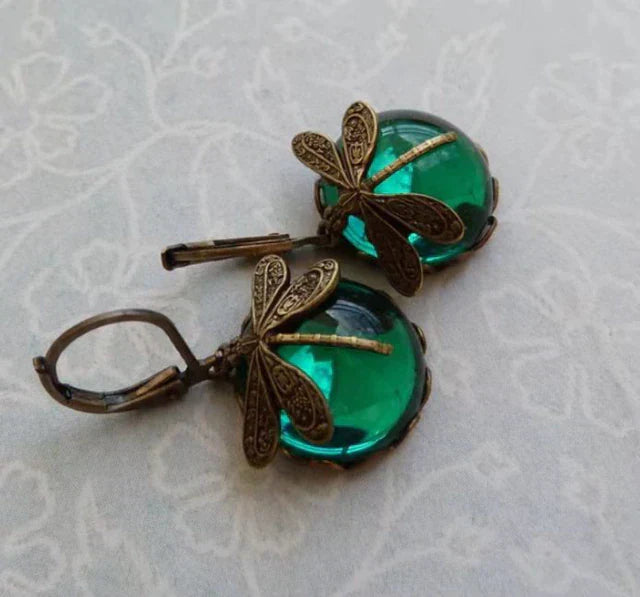 Boucles d'Oreilles Libellule avec Cristal en Or Antique