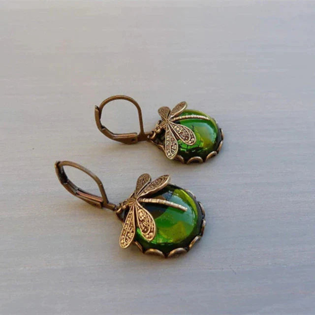 Boucles d'Oreilles Libellule avec Cristal en Or Antique