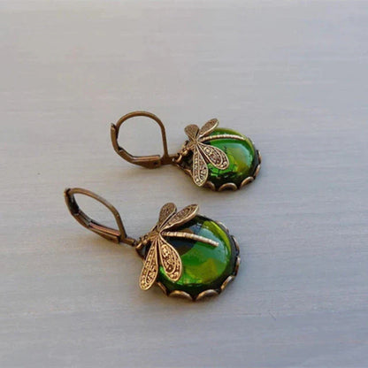 Boucles d'Oreilles Libellule avec Cristal en Or Antique
