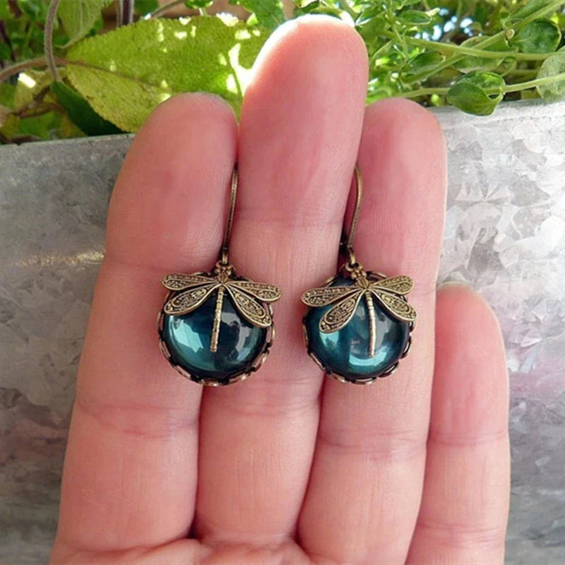Boucles d'Oreilles Libellule avec Cristal en Or Antique