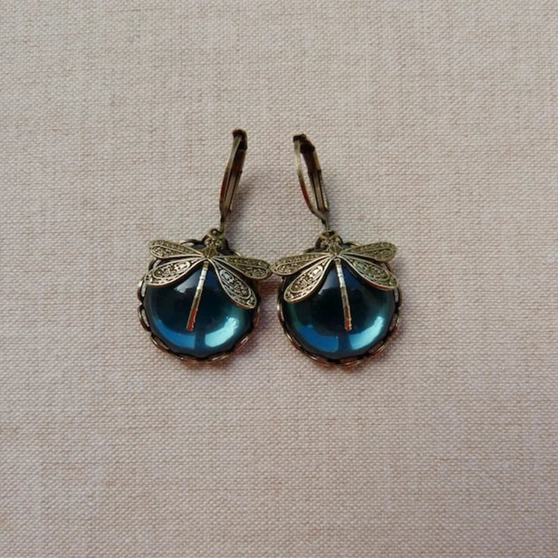 Boucles d'Oreilles Libellule avec Cristal en Or Antique