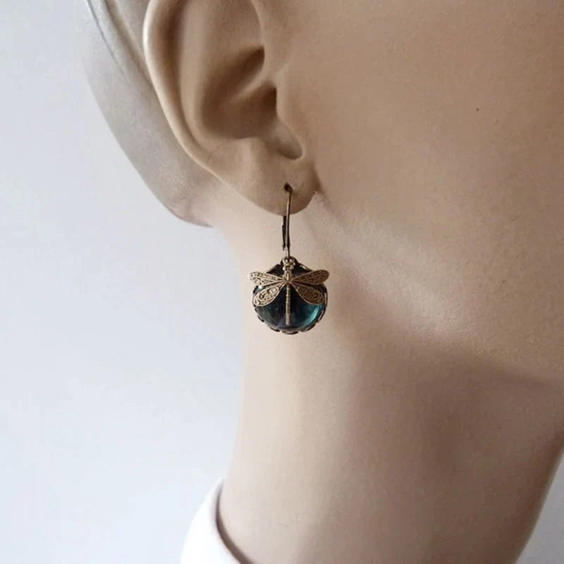 Boucles d'Oreilles Libellule avec Cristal en Or Antique
