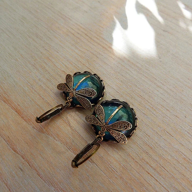 Boucles d'Oreilles Libellule avec Cristal en Or Antique