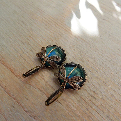 Boucles d'Oreilles Libellule avec Cristal en Or Antique