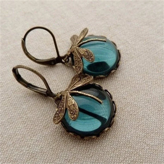 Boucles d'Oreilles Libellule avec Cristal en Or Antique