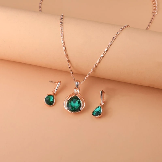 Set Collier + Boucles d'oreilles en Cristal Vert en Or
