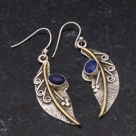 Boucles d'oreilles Vintage en Plume avec Pierre Bleue