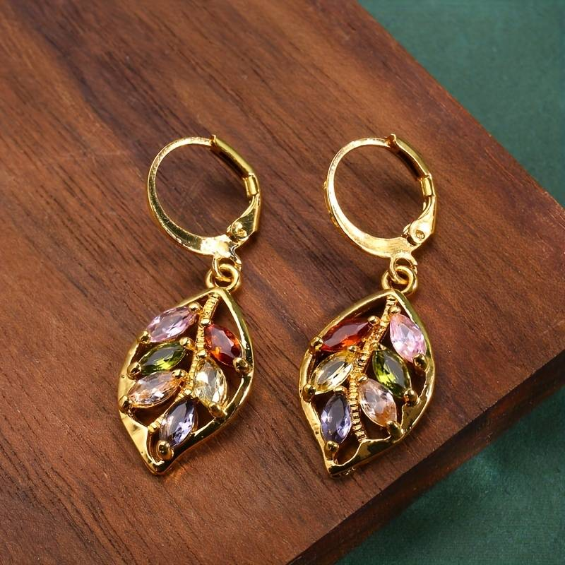 Boucles d'oreilles Vintage Feuille d'Or en Zircone colorée