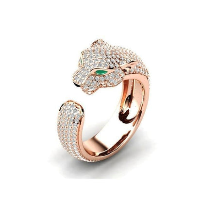 Bague Ajustable Jaguar en Argent et Or Rose 18 Carats avec des Yeux en Zircon Vert